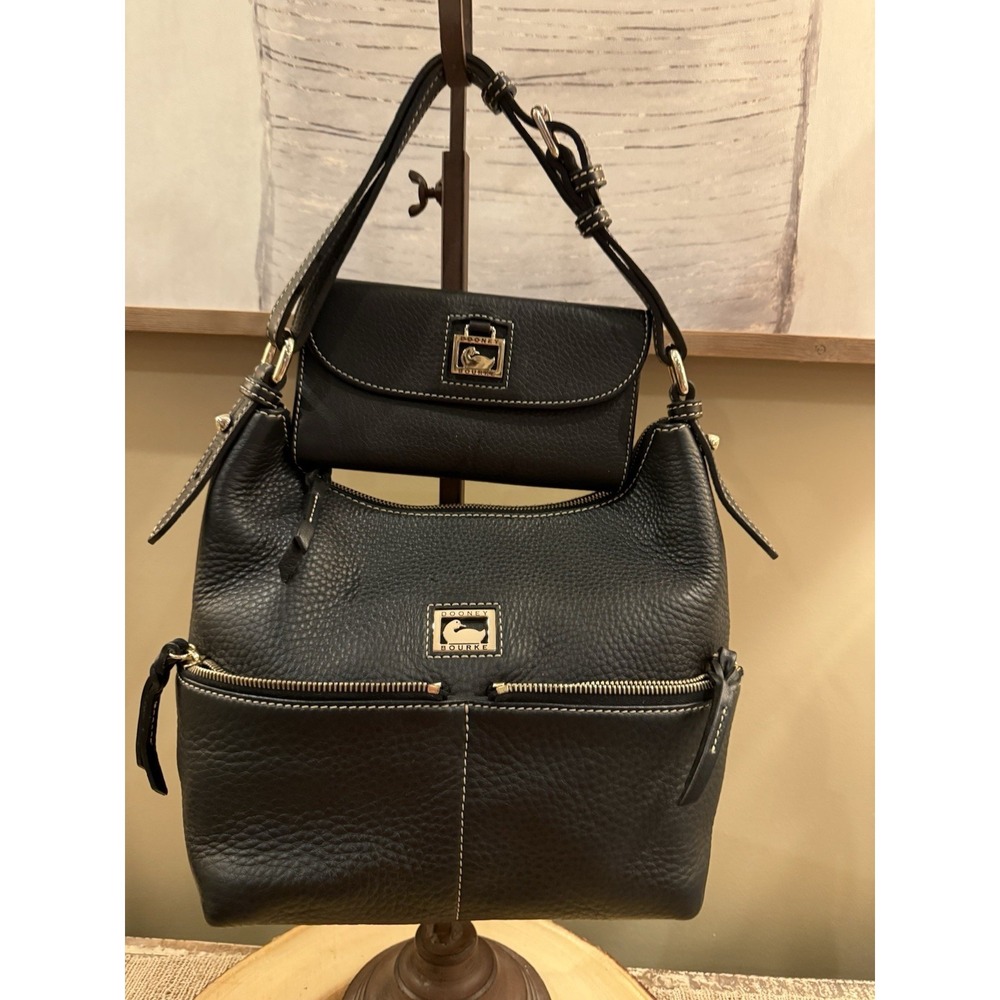 Dooney & Bourke Dillen Double Pocket Black Pebbled Leather Hobo Bag & Wallet